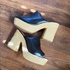 Black Leather Espadrille Platform Mules